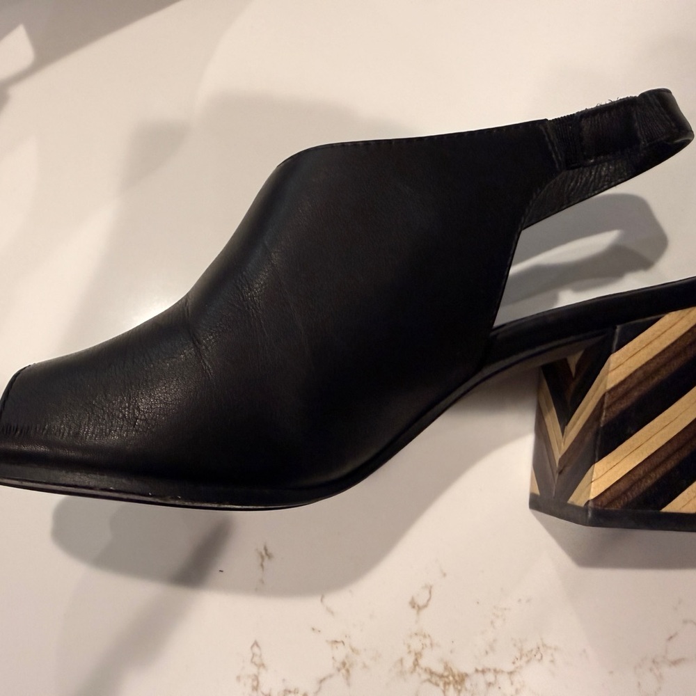 Eileen Fisher Black Slingback Mules with Patterned Heel